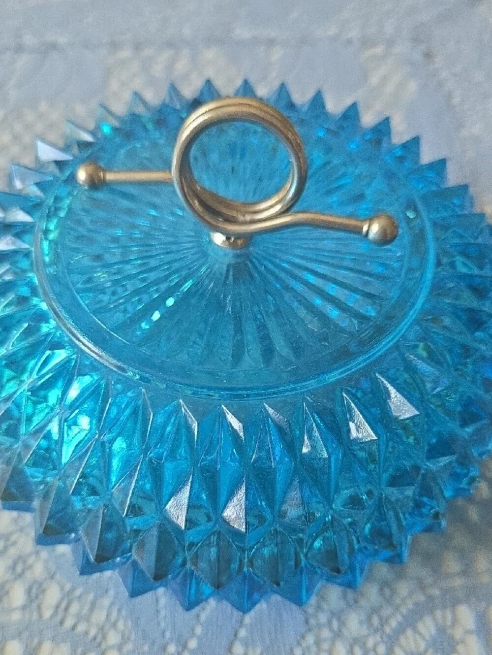 Indiana Glass Blue Textured Glass Trinket Box with Metal Handle